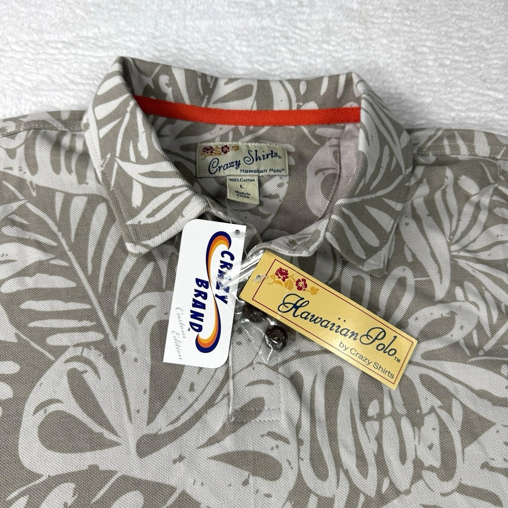 Crazy Shirts Hawaii Polo Shirt Mens Large Beige Floral Short Sleeve Aloha Golf